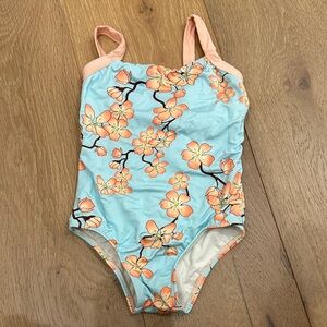 Submarine Kids Swim One Piece in Blue and Orange Floral